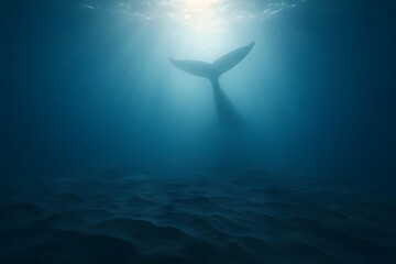 A whale's tail is visible underwater, illuminated by sunlight filtering through the surface, creating a serene ocean scene. Concept Whale Tail Elegance, Underwater Serenity, Sunlit Ocean Beauty