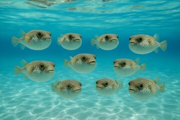 A group of cartoonish pufferfish swimming underwater, facing the viewer in a clear blue ocean. Concept Cartoonish Pufferfish, Underwater Scene, Clear Blue Ocean, Marine Life Illustration