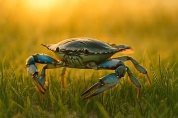 A blue crab walking through grassy terrain, illuminated by a warm sunset glow. Concept Blue Crab in Sunset, Warm Glow Photography, Grassy Terrain Wildlife, Nature's Colors, Coastal Ecosystem