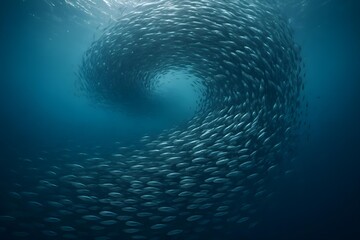 A swirling school of fish creating a dynamic underwater formation in a blue ocean setting. Concept Underwater Dynamics, Swirling Fish Formation, Oceanic Color Palette, Marine Life Behavior