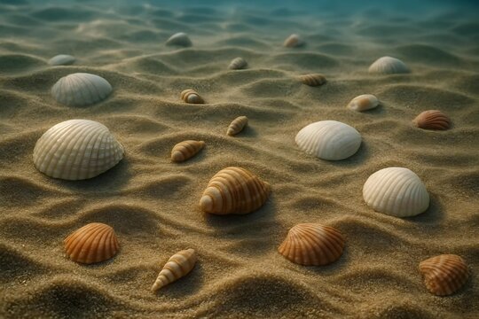 A collection of various seashells scattered on sandy ocean or beach floor. Concept Seashell Identification, Ocean Ecosystem, Beachcombing Adventures, Coastal Aesthetics, Marine Life Conservation