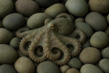 An octopus resting among smooth, round pebbles on the ocean floor. Its texture and colors blend with the stones around it. Concept Camouflaged Creatures, Ocean Floor Habitat, Marine Life Aesthetics