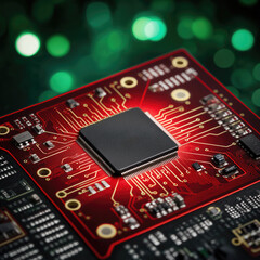 Square Macro Close‑Up of Red PCB with PCB Components and Sharp Traces