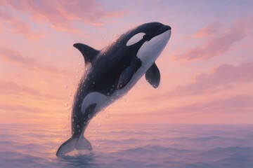 A majestic orca whale is leaping out of the ocean against a colorful sunset sky, creating a beautiful scene. Concept Orca Leap, Majestic Marine Life, Sunset Scenic, Ocean Wildlife, Nature's Beauty