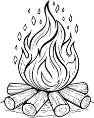 Campfire Line Art Illustration – Stylized Flame with Logs and Sparks in Black and White