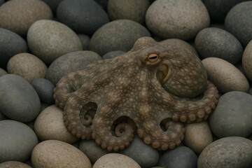 An octopus resting among smooth stones on the ocean floor. Concept Octopus Habitat, Marine Life, Ocean Floor Ecosystem, Underwater Photography, Natural Camouflage
