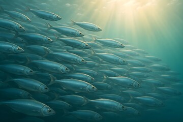 A large school of fish swimming together in clear blue water, illuminated by sunlight filtering from above. Concept Underwater Scene, School of Fish, Clear Blue Water, Sunlight Rays