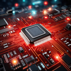 Square Macro Close‑Up of Red PCB with PCB Components and Sharp Traces