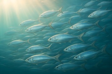 A school of fish swimming underwater, illuminated by sunlight penetrating the water's surface. Concept Underwater Scene, School of Fish, Sunlight Effects, Marine Life, Ocean Photography