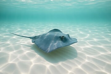 A stingray gliding gracefully over the sandy ocean floor in clear turquoise water, illuminated by sunlight. Concept Stingray Behavior, Ocean Floor Habitat, Marine Life Photography, Sunlit Waters