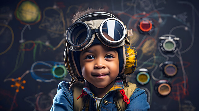Young child dressed as a pilot with goggles and a beaming smile in a colorful creative space - Powered by Adobe