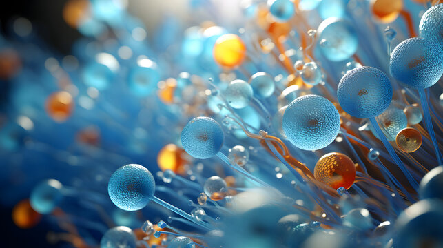 Colorful microscopic view of bacteria and cells illuminated by soft light in dark background