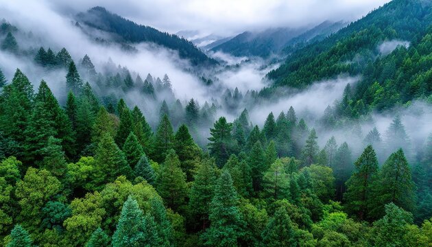 Aerial view of a misty forest