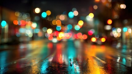 Blurry city street at night, wet pavement reflections