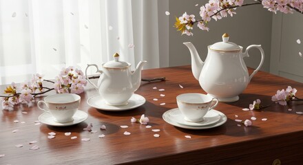 Fototapeta premium Elegant Tea Set with Cherry Blossom Decor and Soft Natural Light