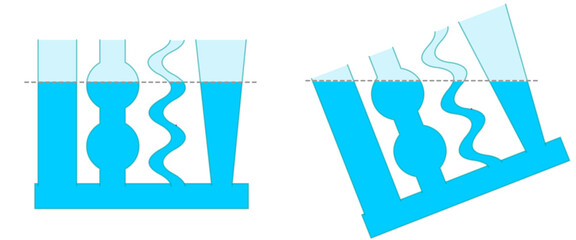 Communicating vessels, vases. Pascal principles. Combined containers, composite ships fluid dynamics. Vector illustration