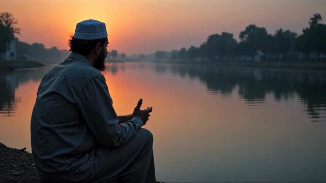 A lone mourner sitting by a river at twilight, his reflection blurred in the water as he whispers prayers for the martyrs of Karba.