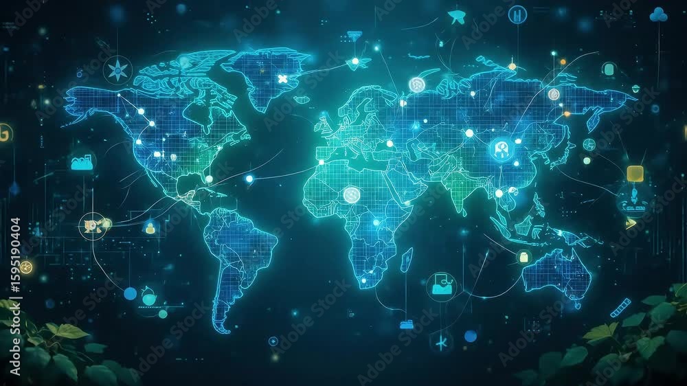 Poster glowing world map network animation with technology and nature concept