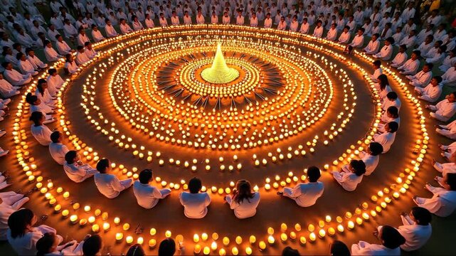 Buddha Purnima, Vesak day. Large group of people are gathered in a circle, sitting on the ground and holding candles. The candles are lit, creating a warm