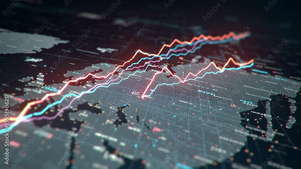 Poster dynamic animated digital map displaying growing lines of data across geographical regions