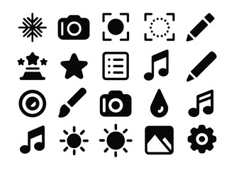 Versatile Black Glyph Design, Photography, and Media Icon Set: Creative Tools, Editing Functions, Settings, and Utility Symbols for Digital Interfaces