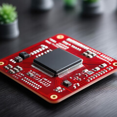 Square Macro Close‑Up of Red PCB with PCB Components and Sharp Traces