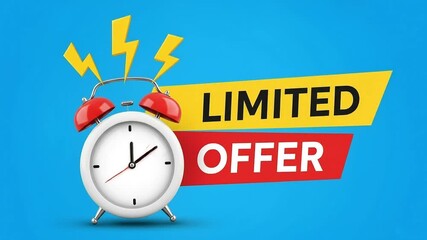 Alarm clock with lightning bolts and limited offer banner promoting urgent sales and time - Powered by Adobe