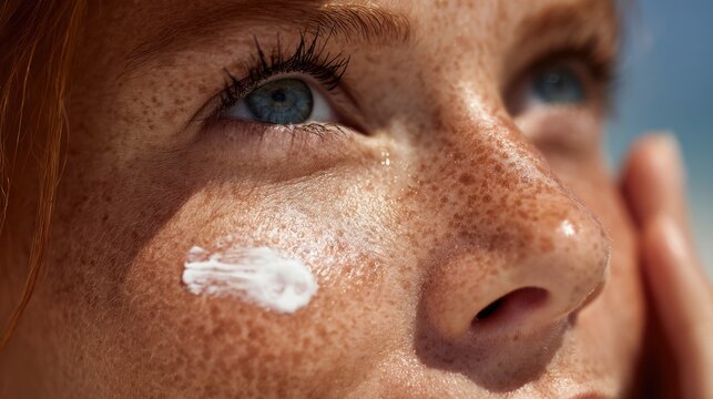 Close-up of a freckled face applying sunscreen