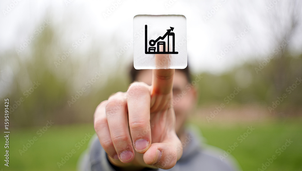 Poster index finger tapping a transparent growth chart icon symbolizing business development and positive t