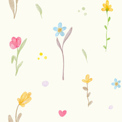 Watercolor simple meadow flowers on a light background - seamless pattern, Vintage. Mother's Day. Wallpaper. Spring. Summer.