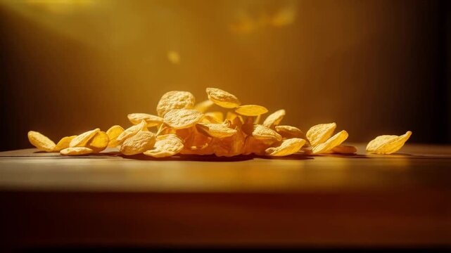 Slow-motion close-up of crispy potato chips falling against a dark background with copy space