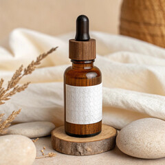 A professional product shot of an essential oil bottle in a calm, spa-like setting.