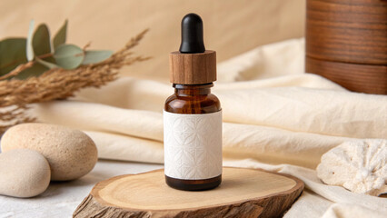 An elegant dropper bottle with a wooden lid, styled for a natural and earthy brand.