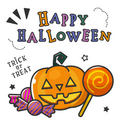 かぼちゃとお菓子のポップなハロウィンのイラスト