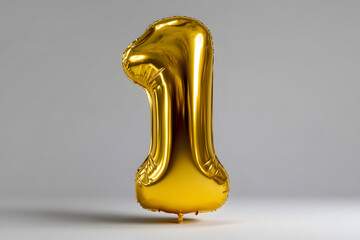 Golden number one balloon isolated on neutral gray background. Ideal for birthday designs, anniversaries, party invitations, or promotional content.