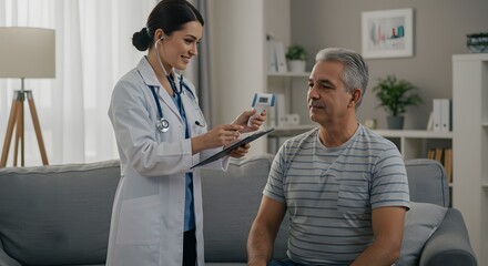 Obraz premium Healthcare Professional Checking Patient's Temperature at Home Compassionate Doctor, Senior Health, Home Visit & Telehealth Services for Optimal Wellbeing