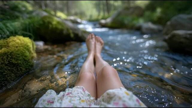 森の渓流に足を浸してリラックスする女性、主観視点