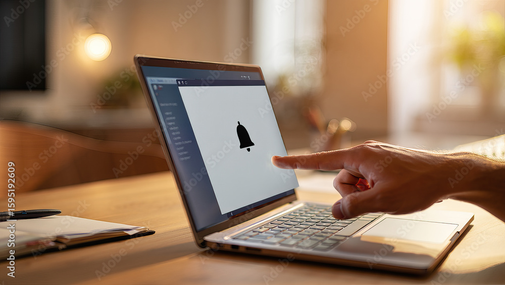 Poster laptop displaying a notification bell icon on screen with a hand pointing illustrating digital commu
