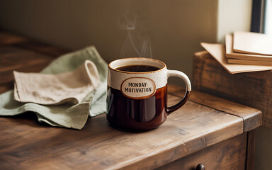 A steaming mug of coffee labeled monday motivation sits on a rustic wooden table, inviting a cozy and productive start to the day