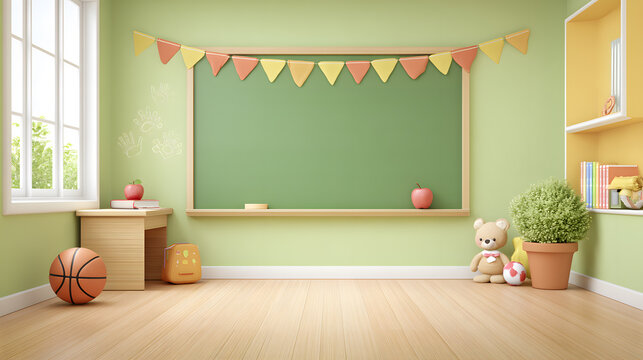 Empty kindergarten classroom with toys and green chalkboard. Bright learning space ideal for education visuals, early childhood campaigns or classroom mockups.