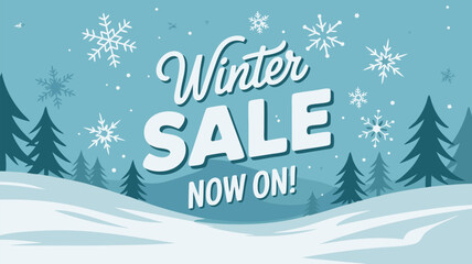 Vector SVG Illustration of Winter Sale Promotional Design with Snowflakes Trees and Text in Modern Flat Style Bright Blue Palette