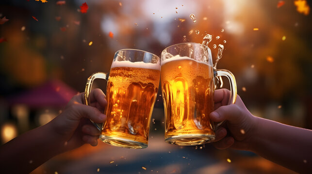 Two hands clinking beer mugs with bokeh lights in background. A warm, lively photo capturing celebration and togetherness for International Beer Day events.