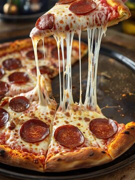 Close-up of a cheesy pepperoni pizza slice being pulled with melting mozzarella strings and crispy golden crust