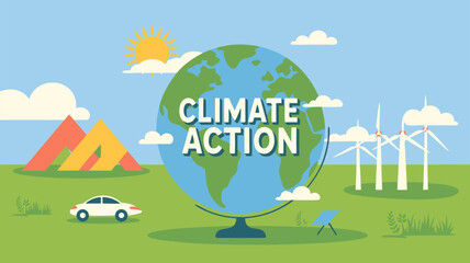 Vector SVG Illustration of Climate Action Earth with Wind Turbines and Eco Elements in Modern Flat Design Colors
