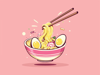 Editable cartoon vector of Japanese ramen in bowl with shrimp and egg toppings, noodles lifted by chopsticks. Represents delicious and healthy traditional Japanese food.