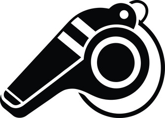 Referee whistle icon, sports equipment silhouette, emergency signal vector, black and white illustration