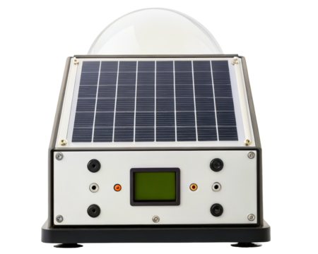 Solar-powered scientific instrument for environmental monitoring on a transparent background - Powered by Adobe