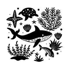 set of fish, ocopas, tree illustration