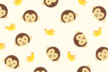 Cute monkey faces and bananas scattered in a seamless design on soft yellow © bannanabread