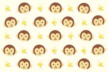 Fototapeta premium Playful monkey faces and peeled bananas in a seamless pattern on soft yellow